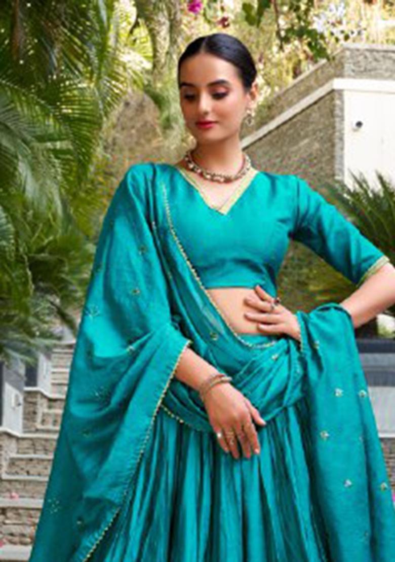Blue Zari Work Chanderi&nbsp; Lehenga Set - Indya
