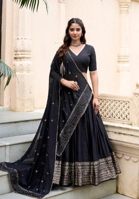 Black Zari Work Chanderi&nbsp; Lehenga Set
