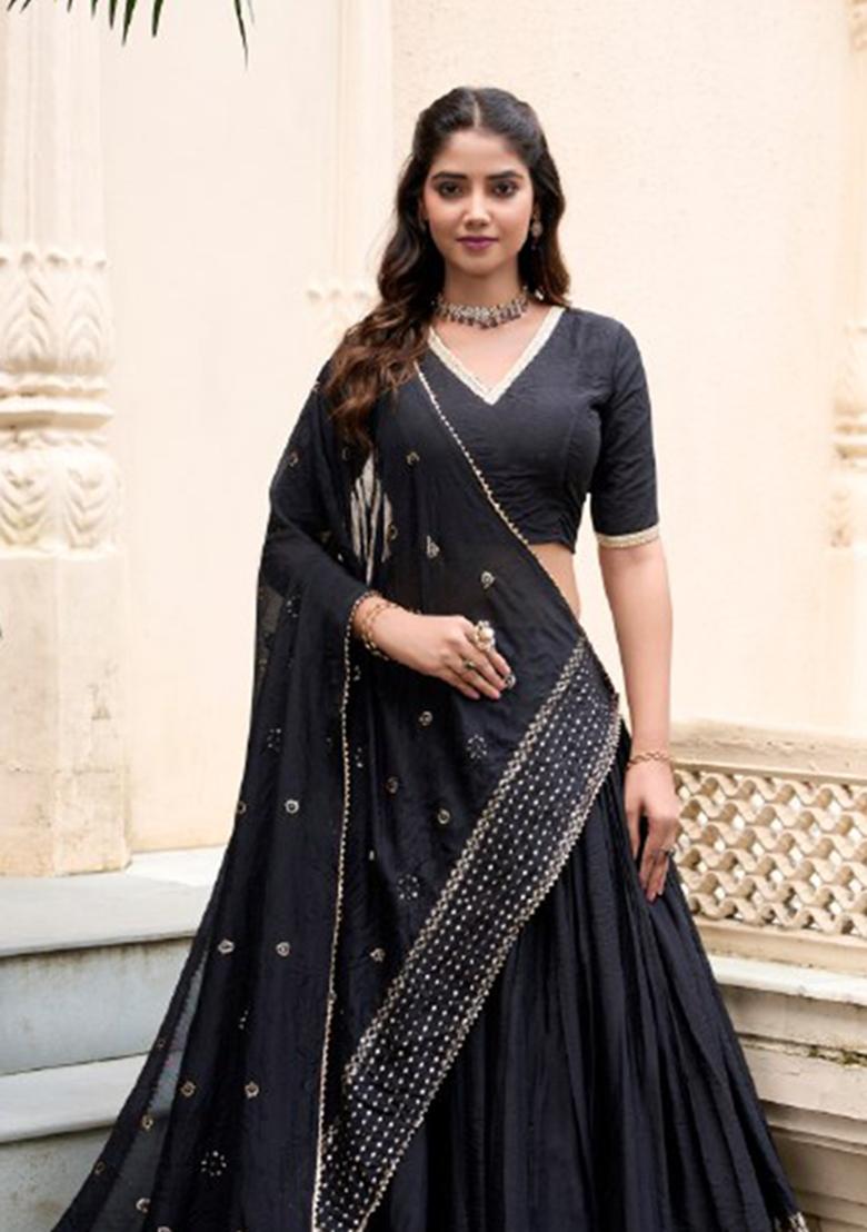 Black Zari Work Chanderi&nbsp; Lehenga Set - Indya