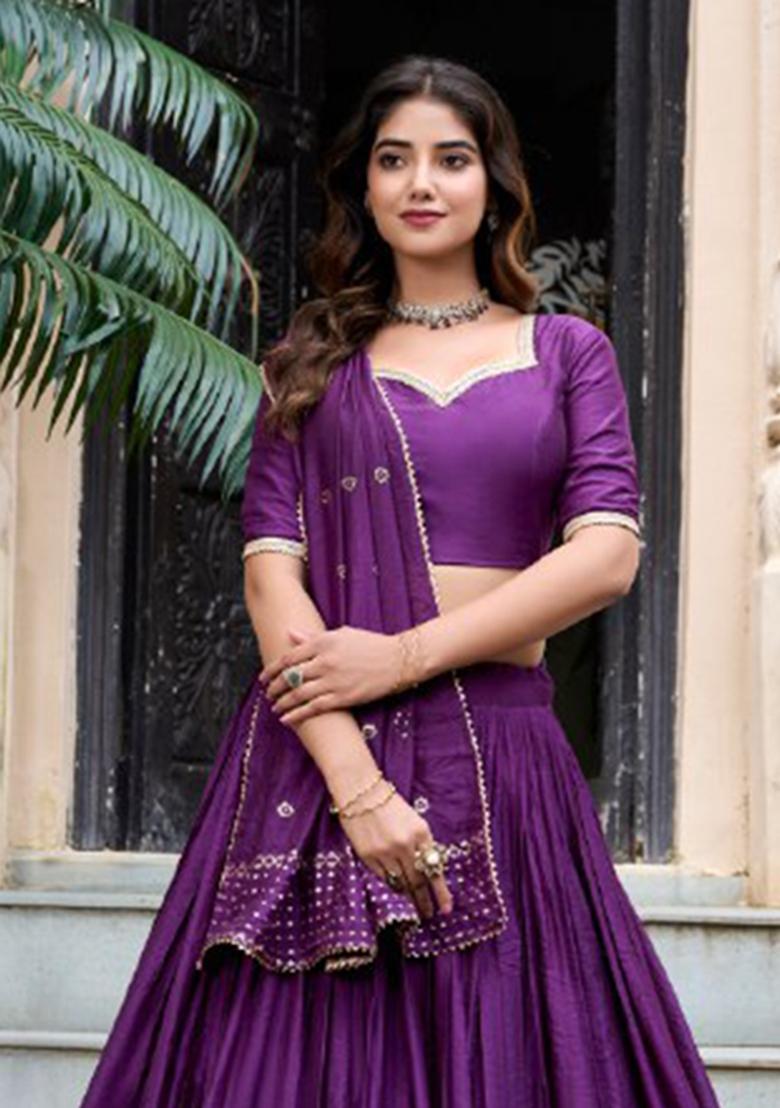 Purple Zari Work Chanderi&nbsp; Lehenga Set - Indya