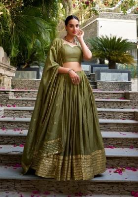 Mehendi Zari Work Chanderi&nbsp; Lehenga Set