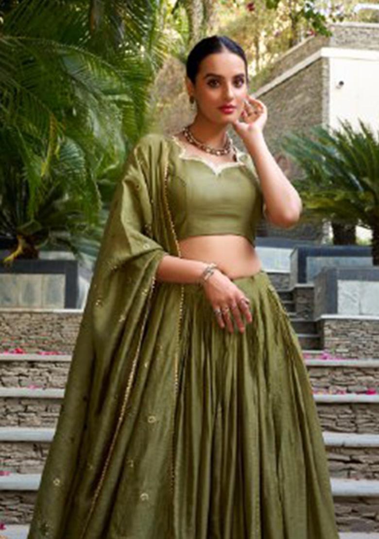 Mehendi Zari Work Chanderi&nbsp; Lehenga Set - Indya