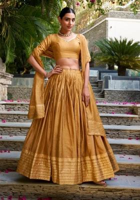 Mustard Zari Work Chanderi&nbsp; Lehenga Set