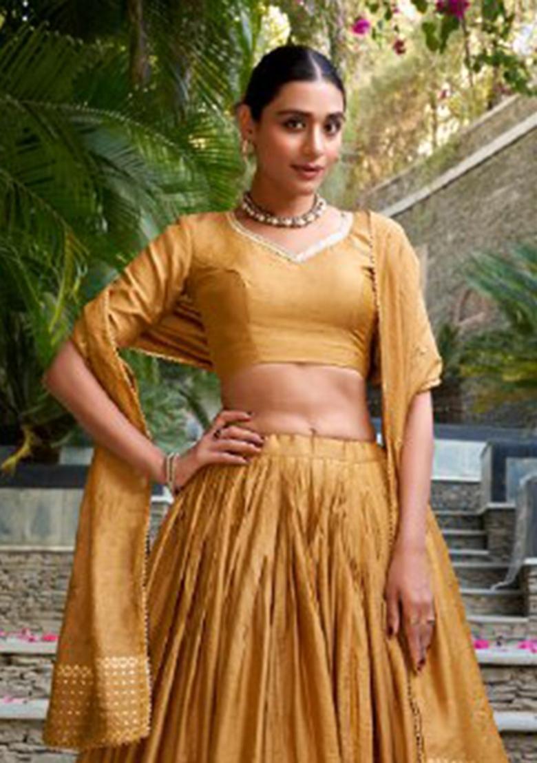 Mustard Zari Work Chanderi&nbsp; Lehenga Set - Indya