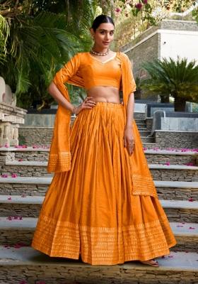Orange Zari Work Chanderi&nbsp; Lehenga Set