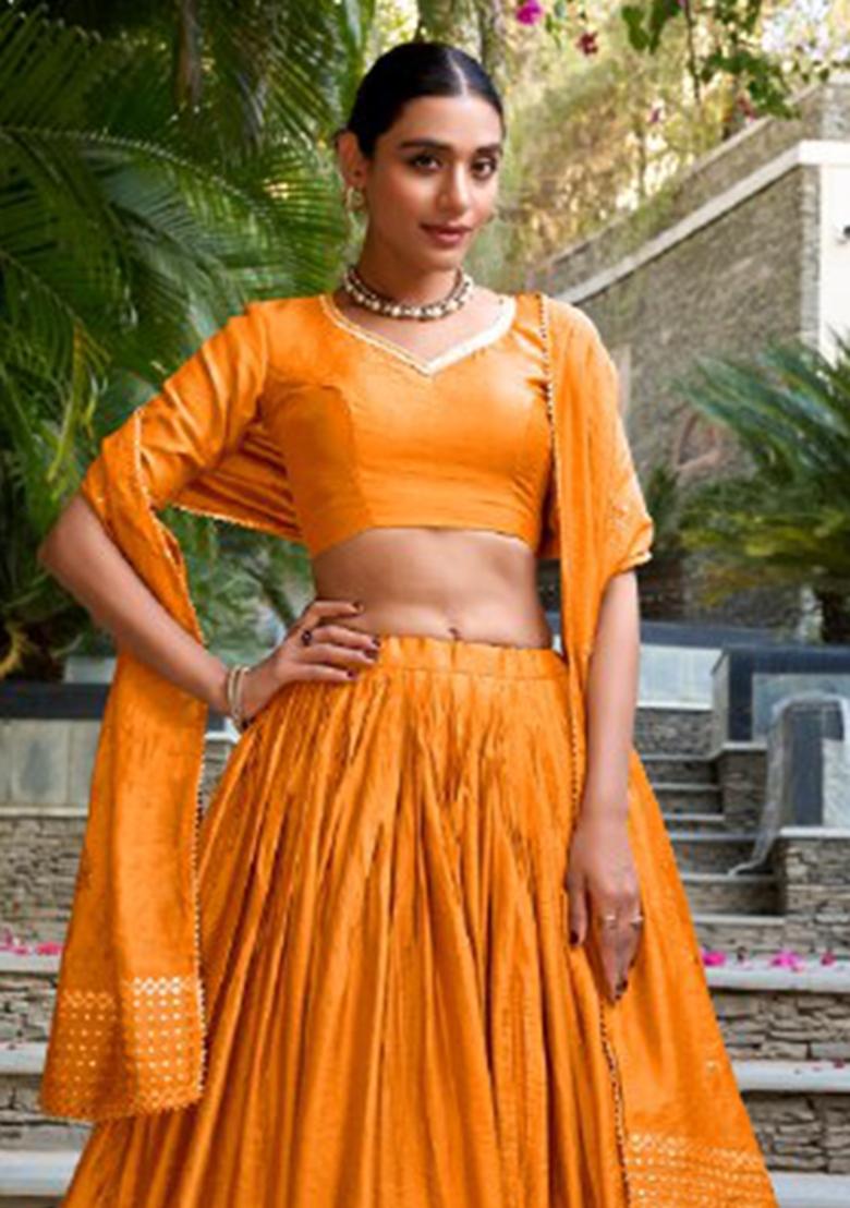 Orange Zari Work Chanderi&nbsp; Lehenga Set - Indya
