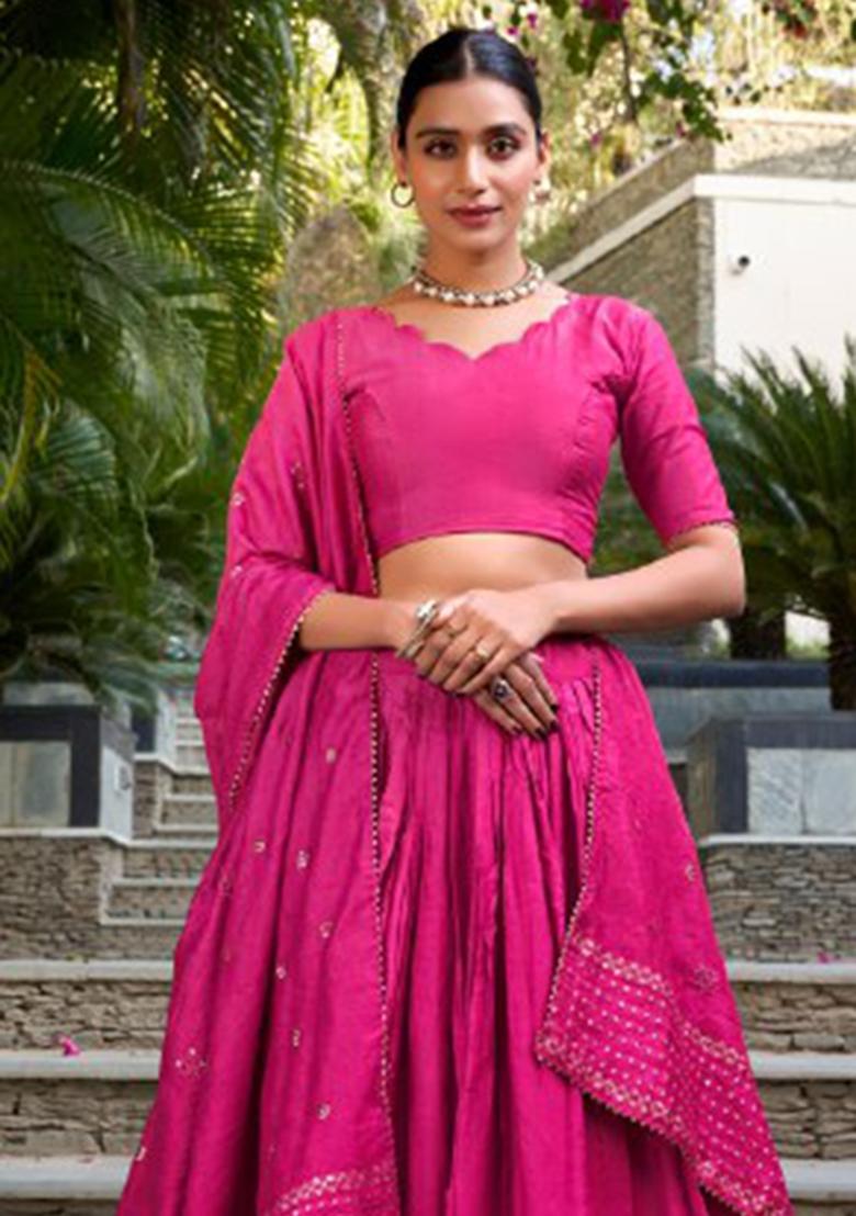 Pink Zari Work Chanderi&nbsp; Lehenga Set - Indya