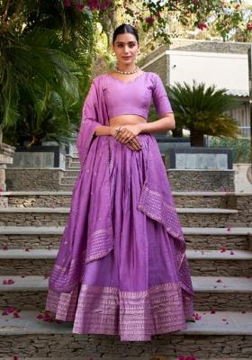 Purple Zari Work Chanderi&nbsp; Lehenga Set