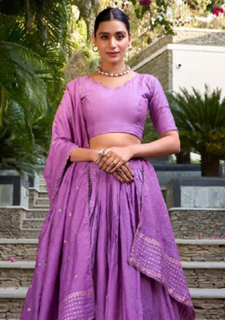 Purple Zari Work Chanderi&nbsp; Lehenga Set - Indya