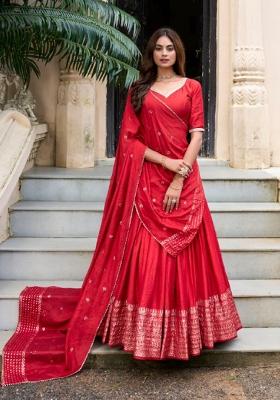 Red Zari Work Chanderi&nbsp; Lehenga Set