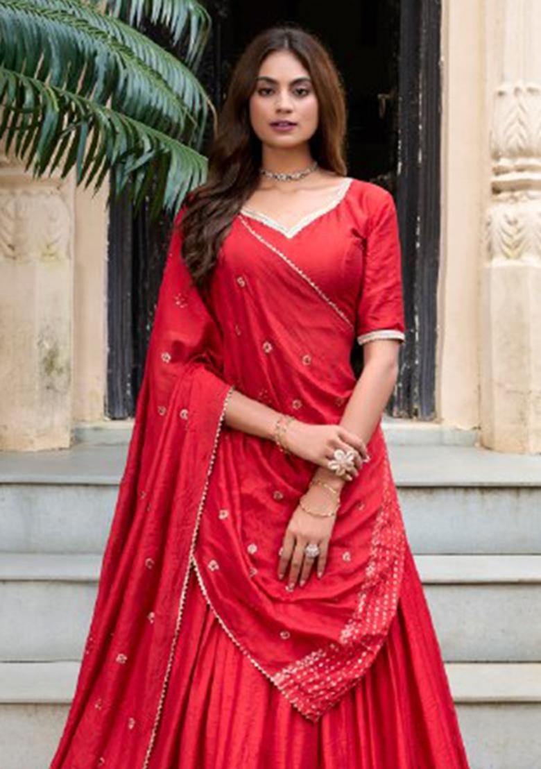Red Zari Work Chanderi&nbsp; Lehenga Set - Indya