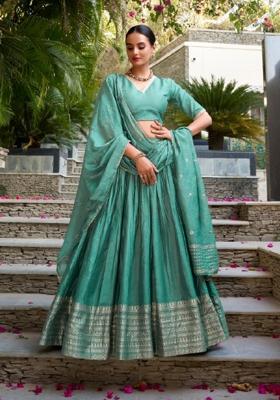 Green Zari Work Chanderi&nbsp; Lehenga Set
