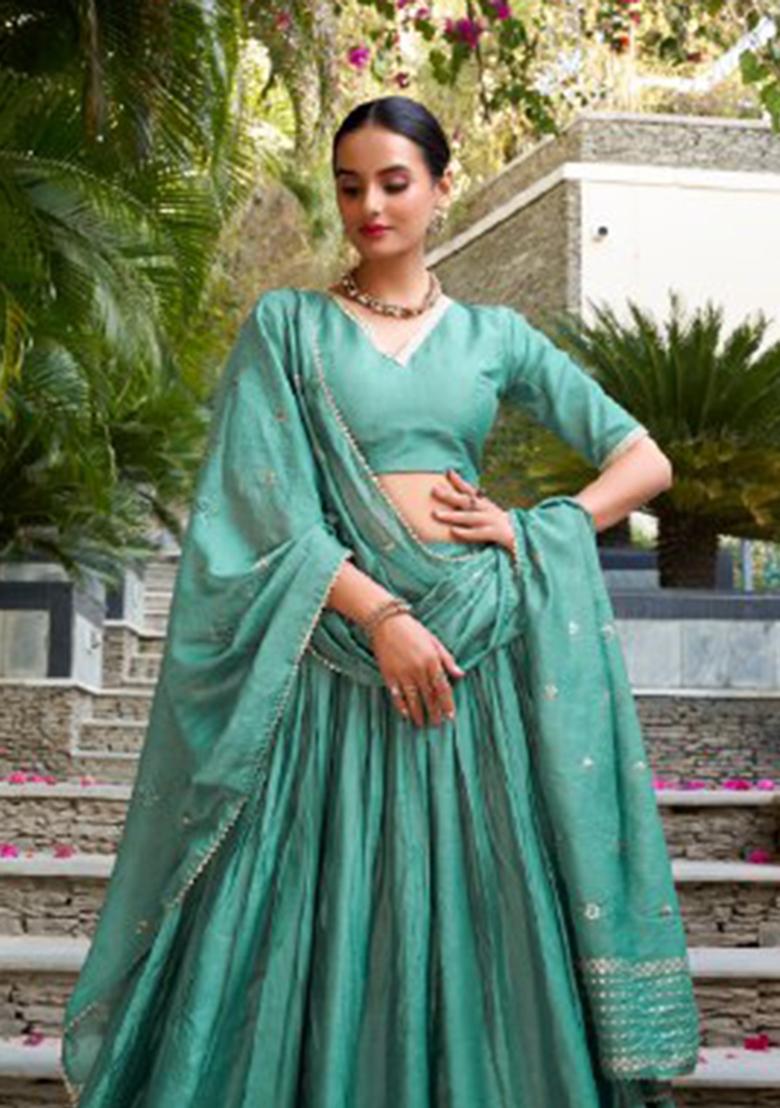 Green Zari Work Chanderi&nbsp; Lehenga Set - Indya