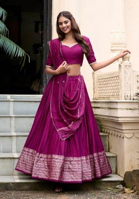 Wine Zari Work Chanderi&nbsp; Lehenga Set