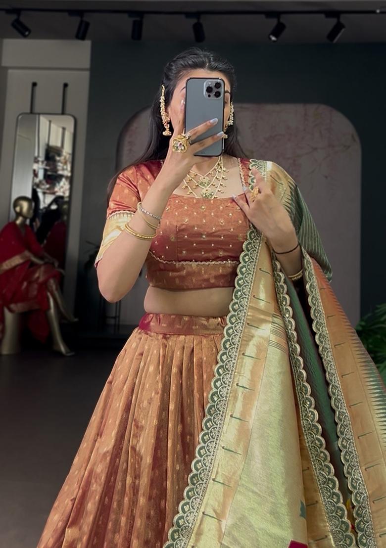 Brown Zari Work Organza Lehenga Set - Indya