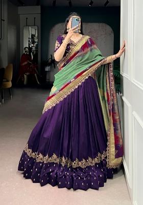 Purple Embroidered Silk Lehenga Set