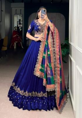 Blue Embroidered Silk Lehenga Set
