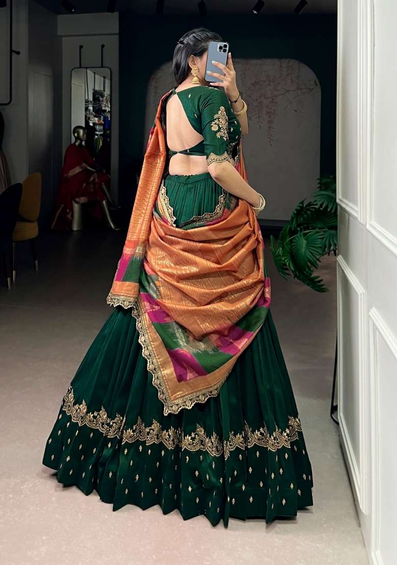 Green Embroidered Silk Lehenga Set for Diwali and Festive Wear - Indya