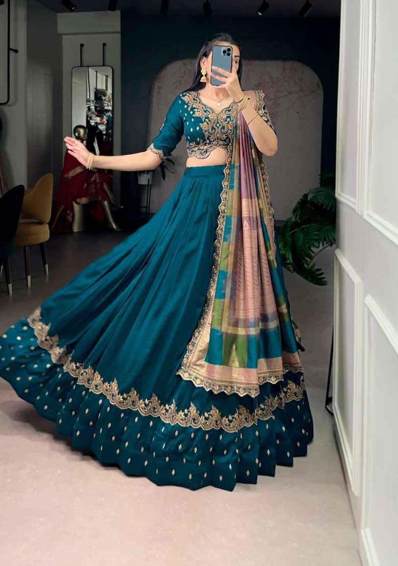 Firozi Embroidered Silk Lehenga Set - Indya