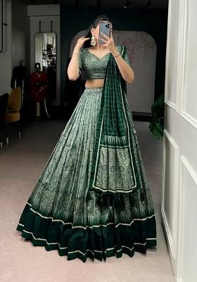 Green Printed Silk Lehenga Set
