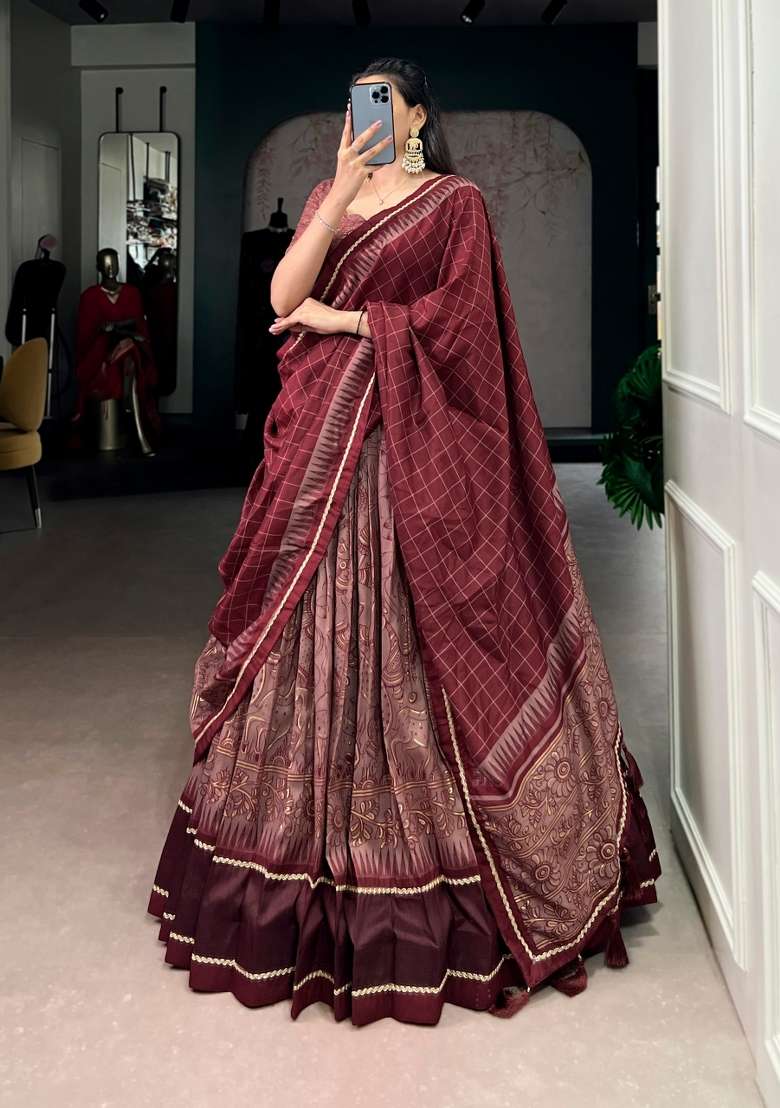 Maroon Printed Silk Lehenga Set - Indya