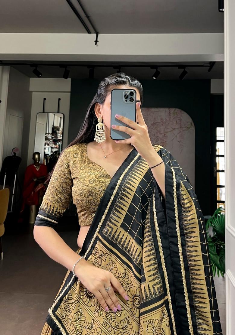 Golden Printed Silk Lehenga Set - Indya
