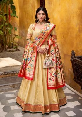 Cream Zari Work Silk Lehenga Set