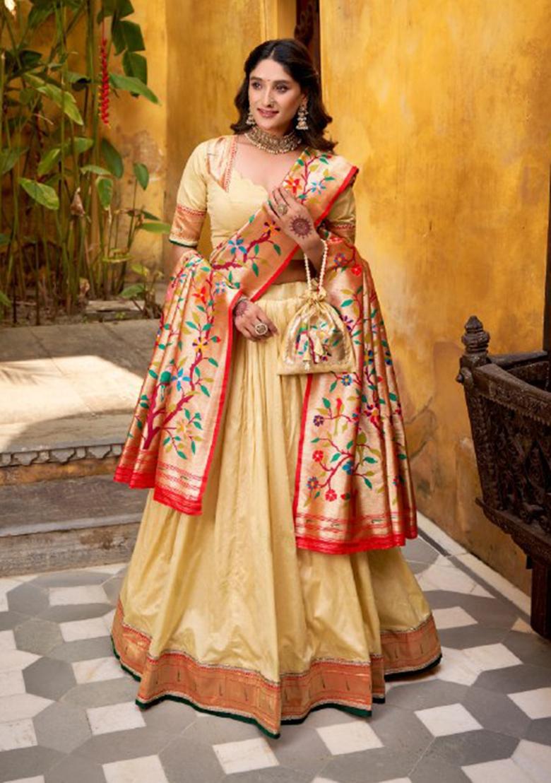 Cream Zari Work Silk Lehenga Set - Indya