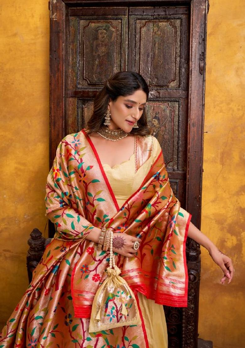 Cream Zari Work Silk Lehenga Set - Indya