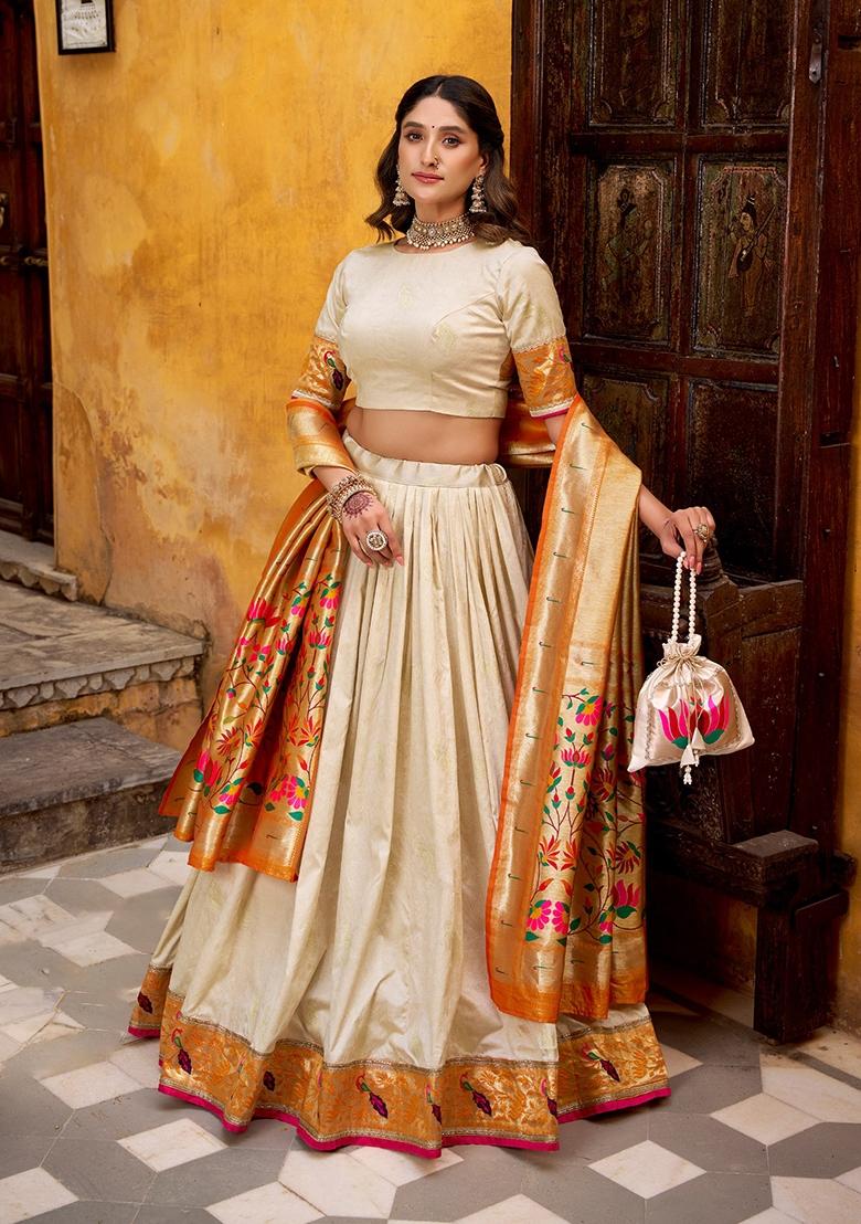 Off White Zari Work Silk Lehenga Set - Indya