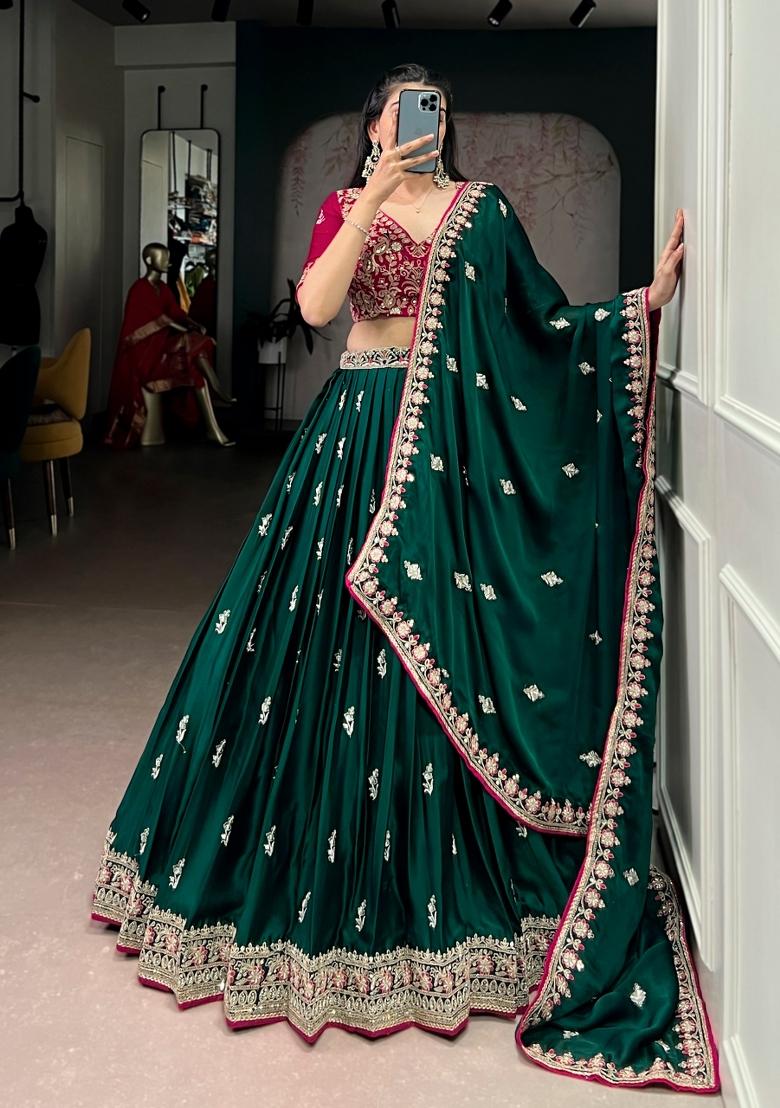Green Embroidered Silk Lehenga Set - Indya