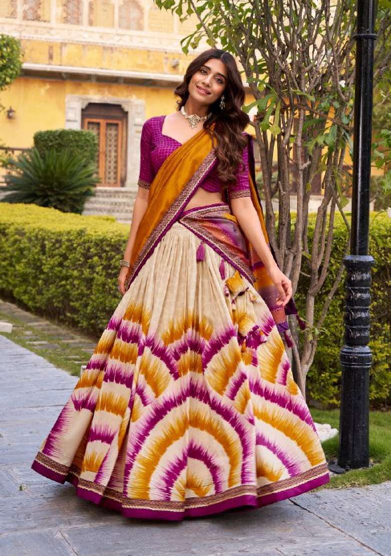 Wine Printed Silk Lehenga Set - Indya