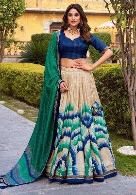Blue Printed Silk Lehenga Set