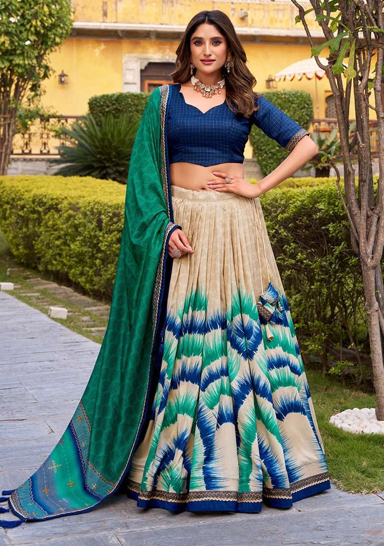 Blue Silk Lehenga Set with Printed for Diwali | Wedding & Festive Wear - Indya