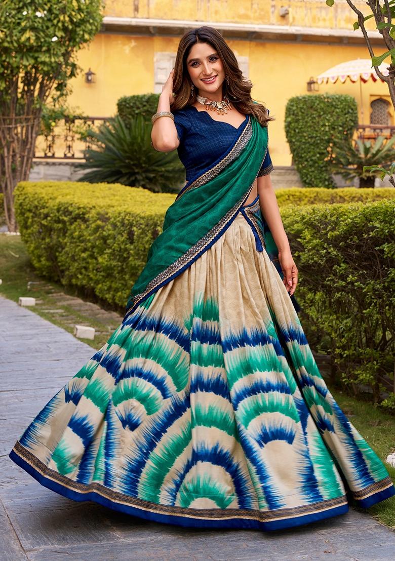Blue Printed Silk Lehenga Set - Indya