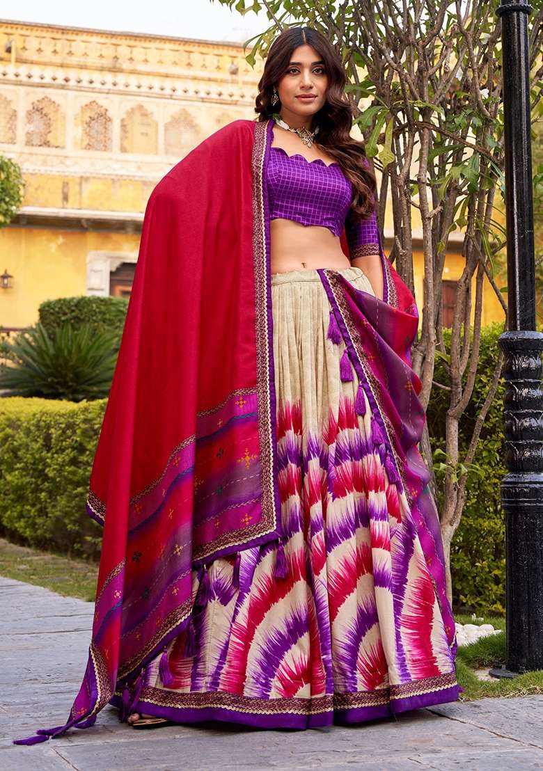 Purple Printed Silk Lehenga Set - Indya