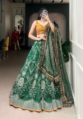 Green Printed Silk Lehenga Set