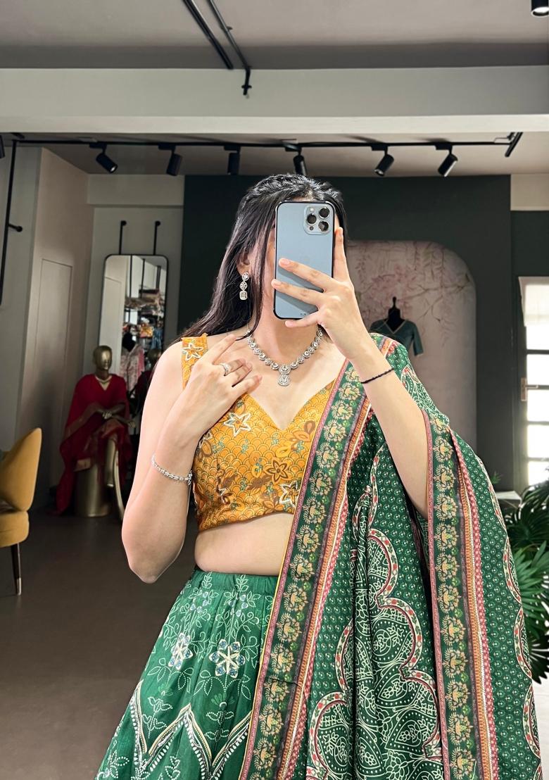 Green Printed Silk Lehenga Set - Indya