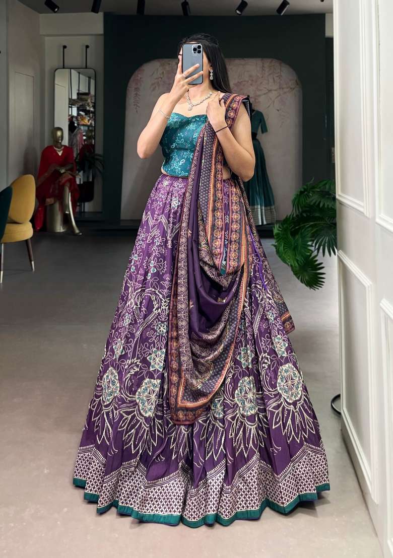Purple Printed Silk Lehenga Set - Indya