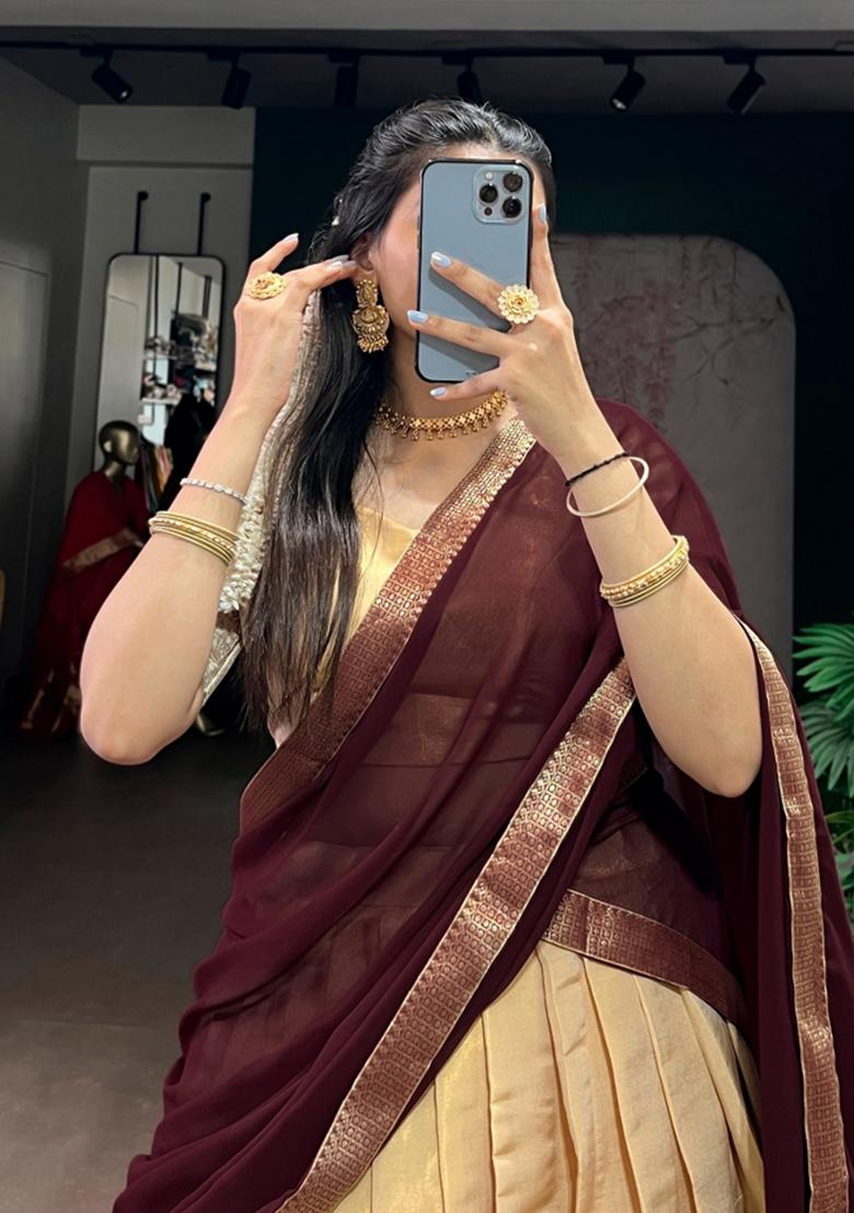 Cream Zari Work Kanchipuram Lehenga Set - Indya