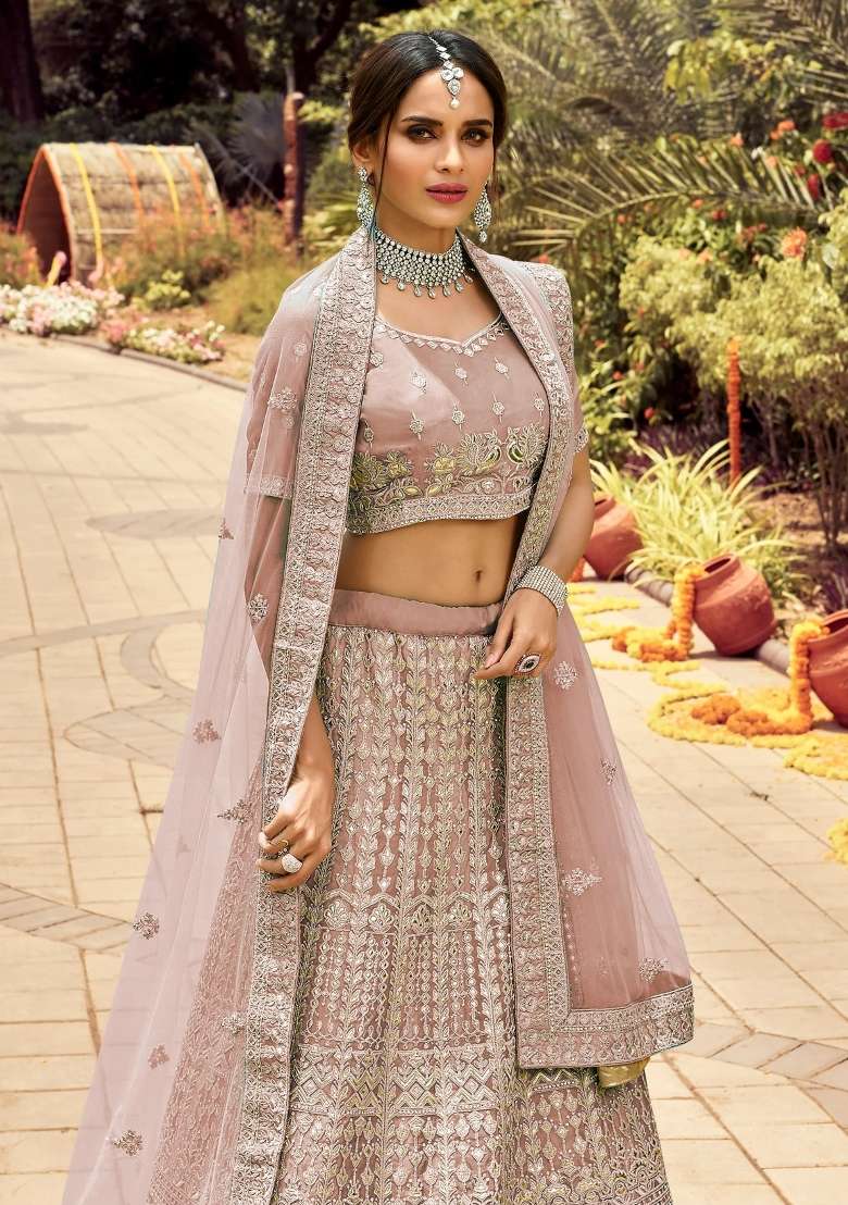Peach Embroidered Organza Lehenga Set - Indya