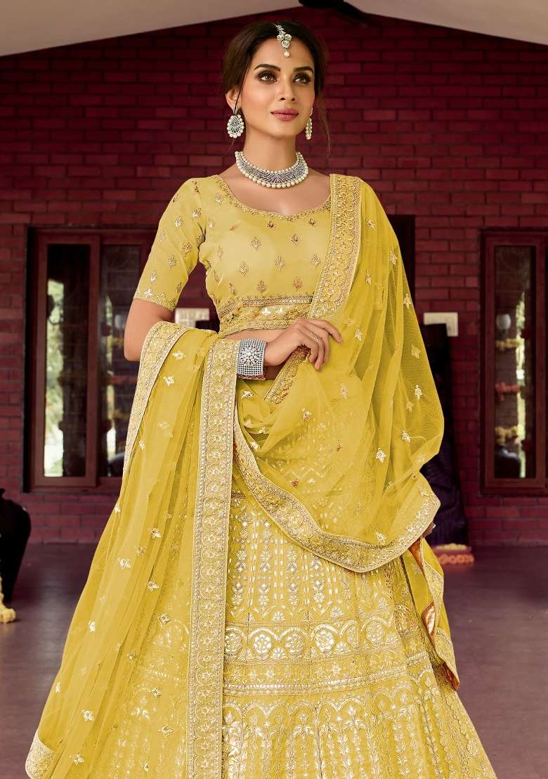Yellow Embroidered Organza Lehenga Set - Indya