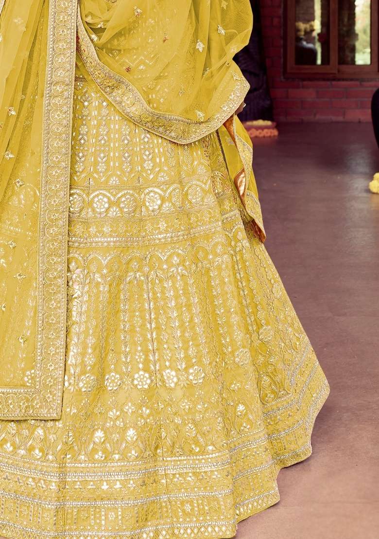 Yellow Embroidered Organza Lehenga Set - Indya