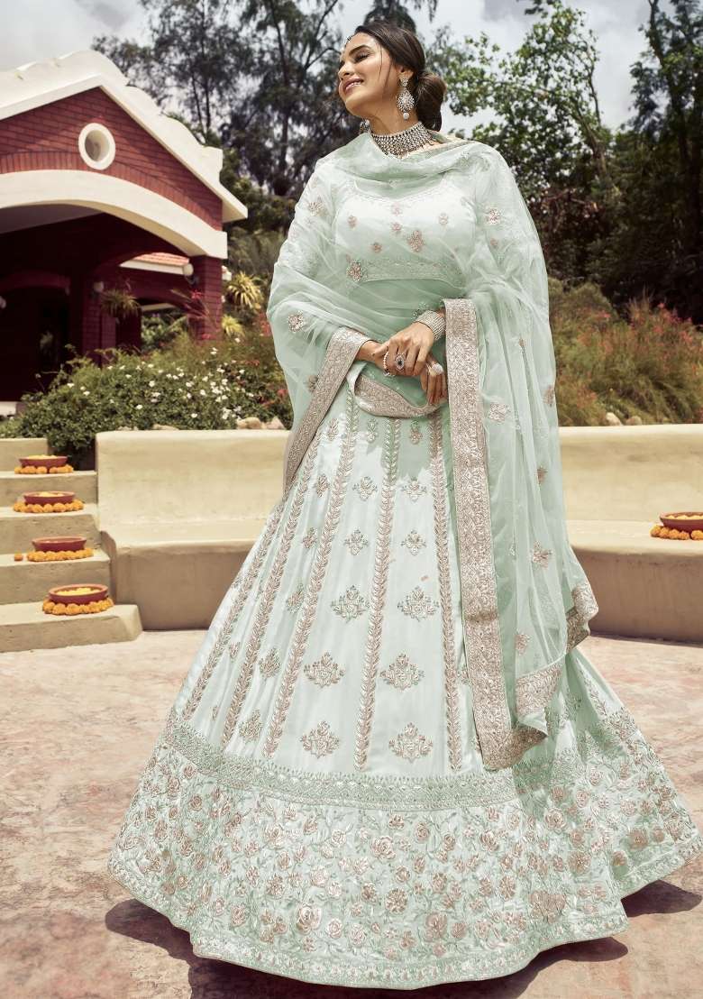Turquoise Blue Embroidered Crepe Lehenga Set - Indya