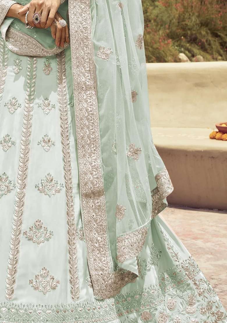 Turquoise Blue Embroidered Crepe Lehenga Set - Indya