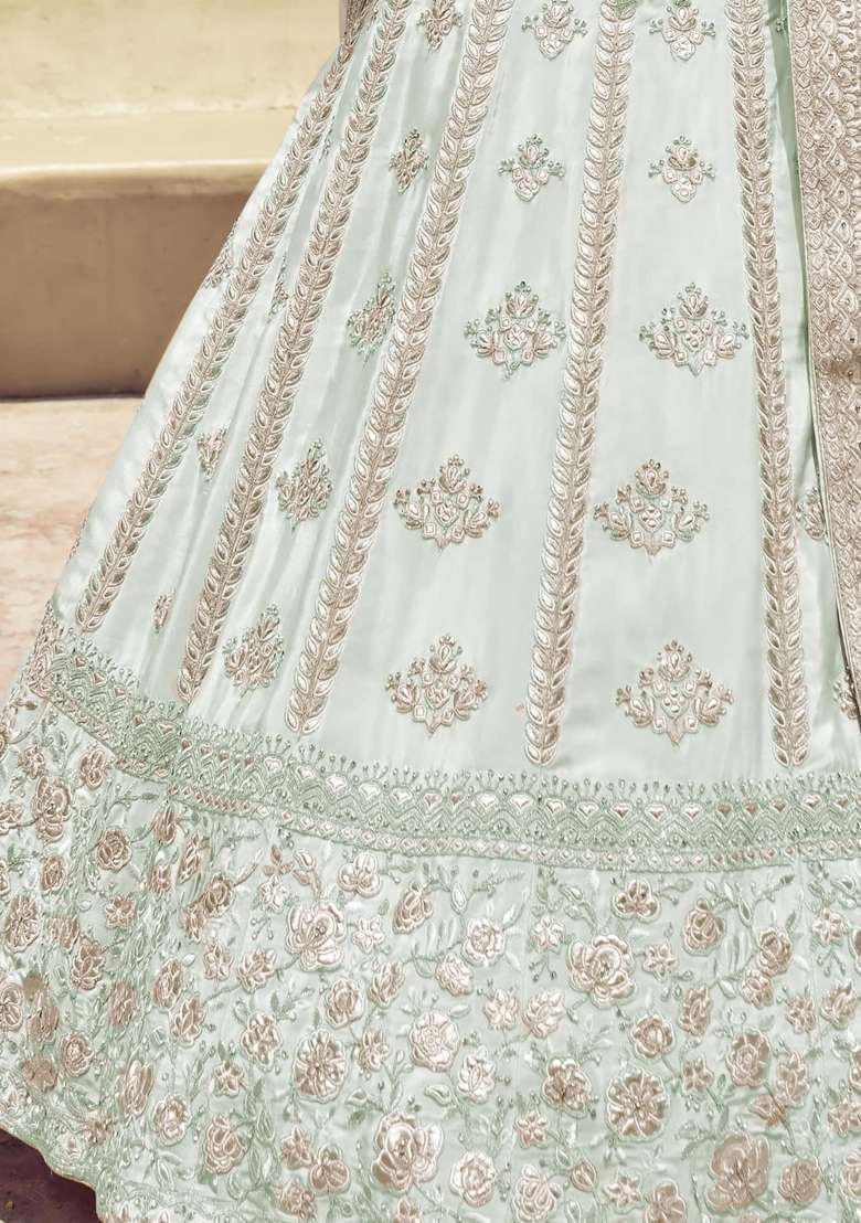 Turquoise Blue Embroidered Crepe Lehenga Set - Indya