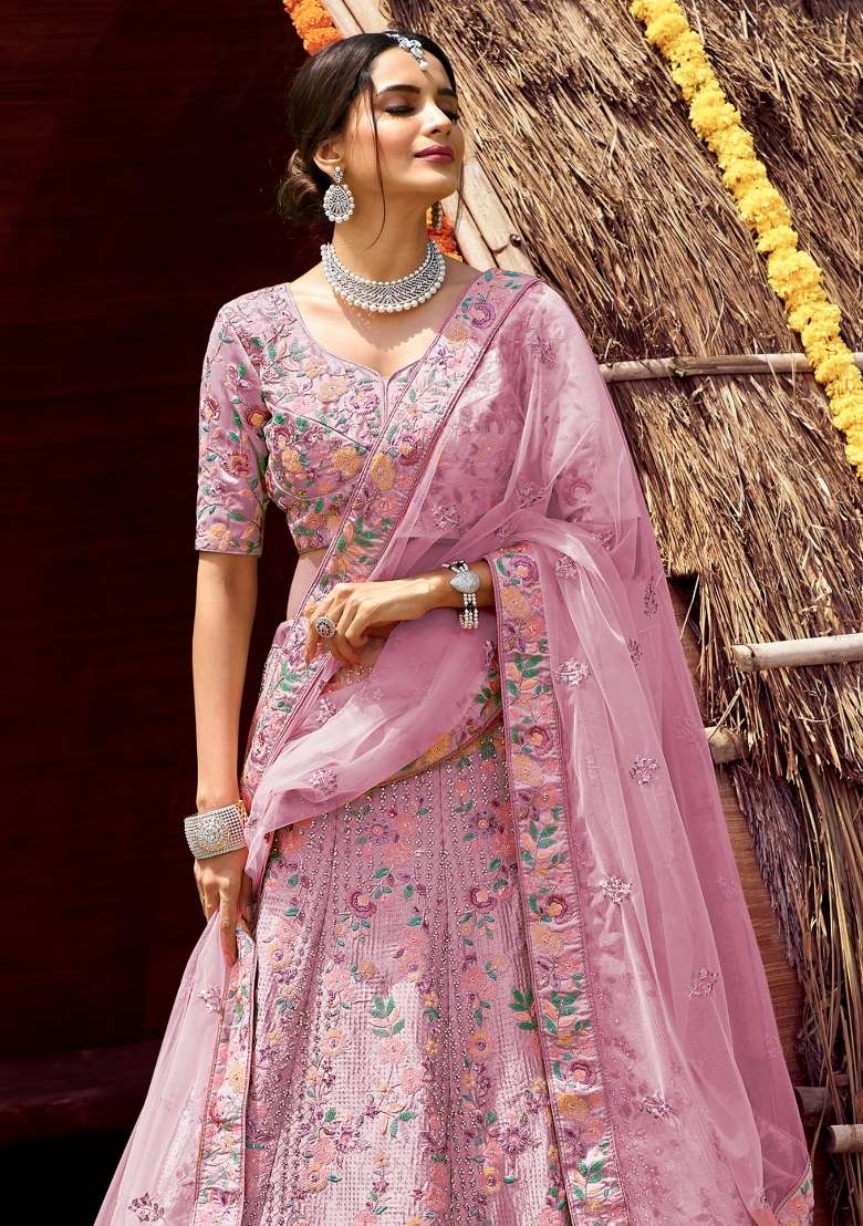 Pink Embroidered Satin Lehenga Set - Indya