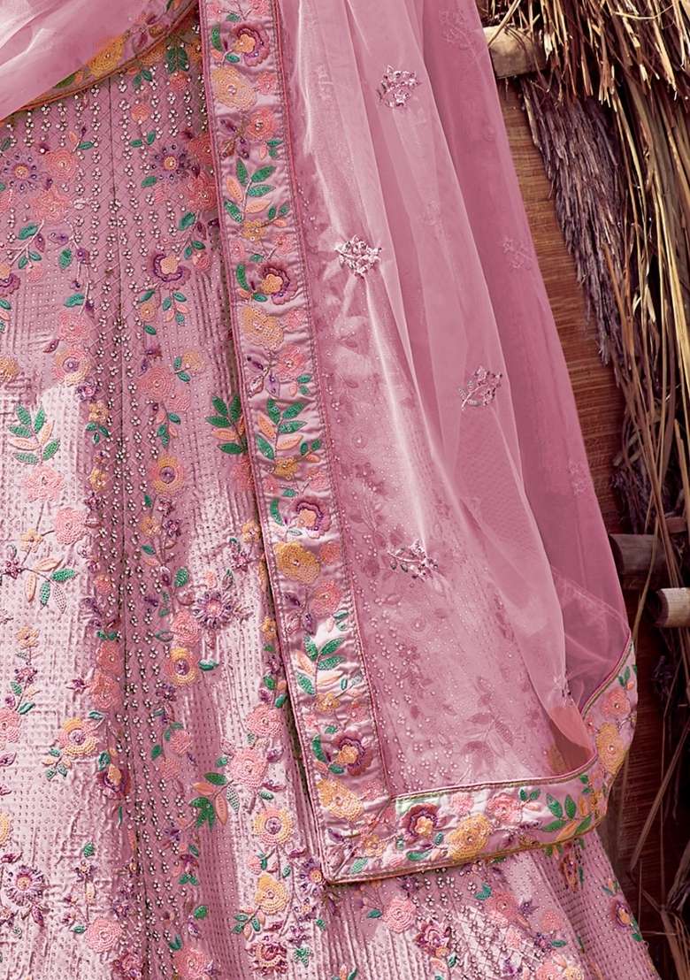 Pink Embroidered Satin Lehenga Set - Indya