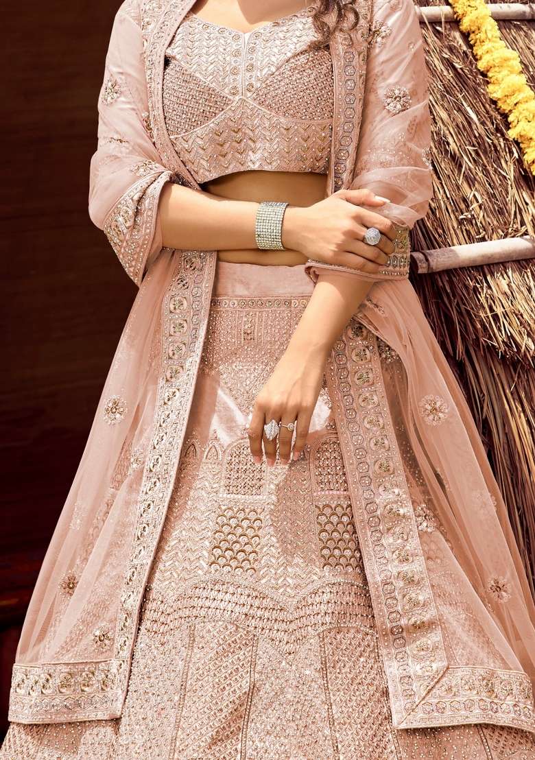 Peach Embroidered Velvet Lehenga Set - Indya