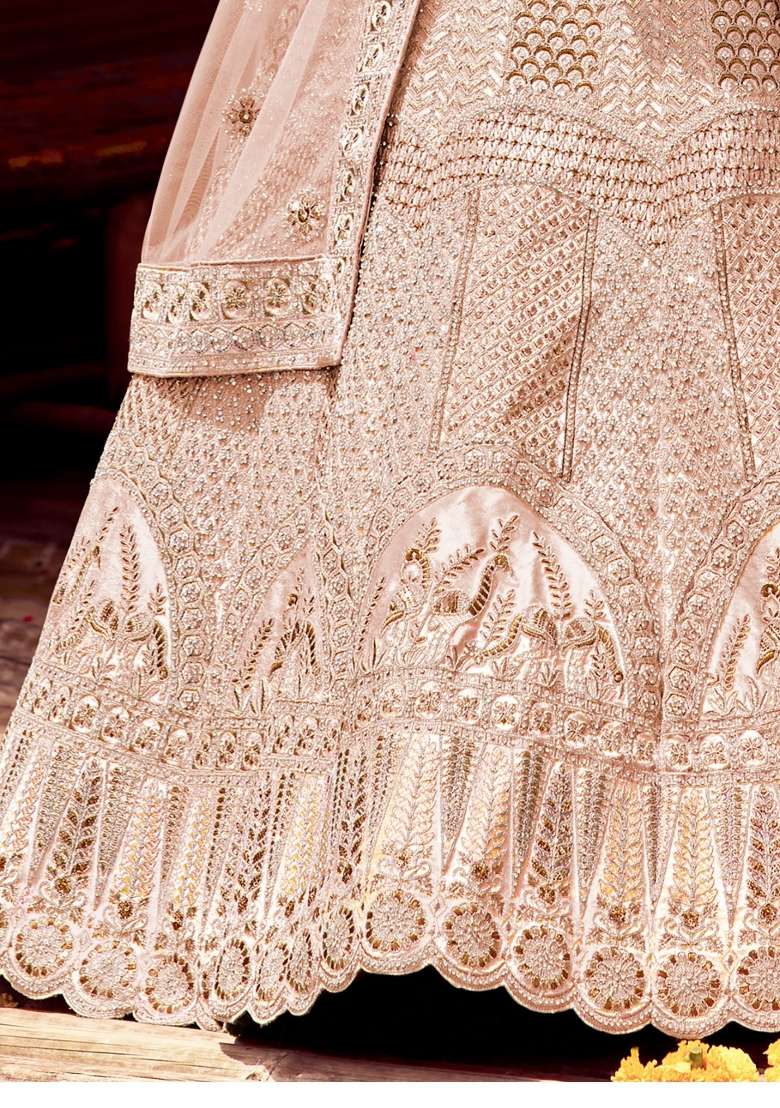 Peach Embroidered Velvet Lehenga Set - Indya